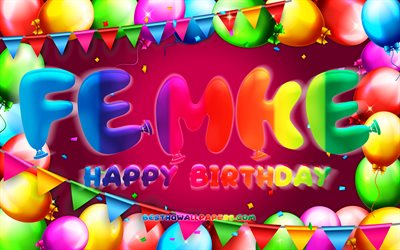 お誕生日おめでFemke, 4k, カラフルバルーンフレーム, Femke名, 紫色の背景, Femkeお誕生日おめで, Femke誕生日, 人気のオランダの女性の名前, 誕生日プ, Femke