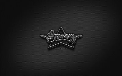 Groovy black logo, programming language, grid metal background, Groovy, artwork, creative, programming language signs, Groovy logo