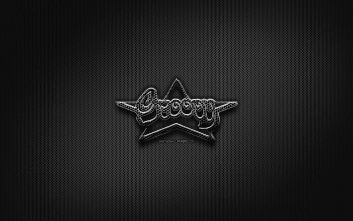 H&#228;ftig svart logo, programmeringsspr&#229;k, rutn&#228;t av metall bakgrund, Groovy, konstverk, kreativa, programmeringsspr&#229;k tecken, Groovy logotyp