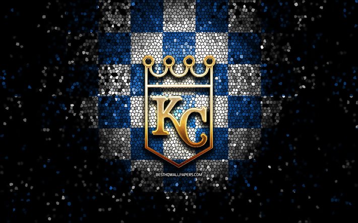 カンザスシティ王, キラキラのロゴ, MLB, 青白いチェッカーの背景, 米国, アメリカ野球チーム, カンザスシティマーク王, モザイクart, 野球, 米, KC王