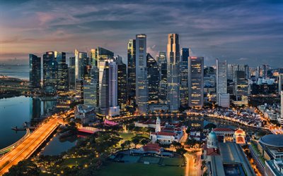 Singapur, Marina Bay, g&#246;kdelenler, akşam, Singapur şehir, modern binalar, metropolis, Singapur sil&#252;eti