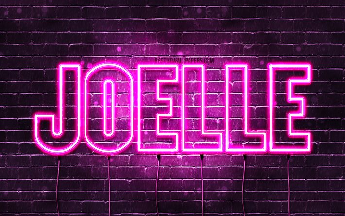 Joelle, 4k, wallpapers with names, female names, Joelle name, purple neon lights, horizontal text, picture with Joelle name