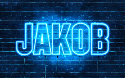 Jac&#243;, 4k, pap&#233;is de parede com os nomes de, texto horizontal, Jakob nome, luzes de neon azuis, imagem com Jakob nome
