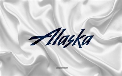 Alaska Airlines logo, companhia a&#233;rea, de seda branca de textura, companhia a&#233;rea logotipos, Alaska Airlines emblema, seda de fundo, seda bandeira, Alaska Airlines