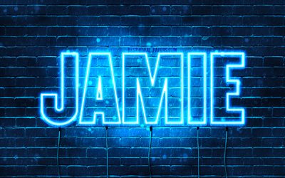 Jamie, 4k, les papiers peints avec les noms, le texte horizontal, Jamie nom, bleu n&#233;on, une photo avec le nom de Jamie