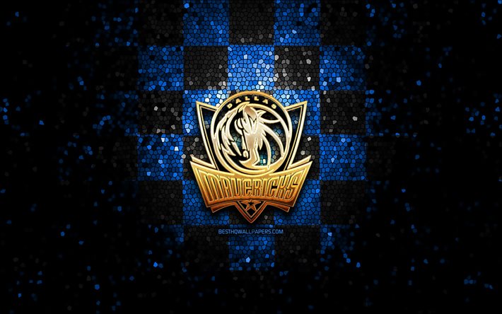 Dallas Mavericks, glitter logo, NBA, blue checkered background, USA, american basketball team, mosaic art, basketball, America