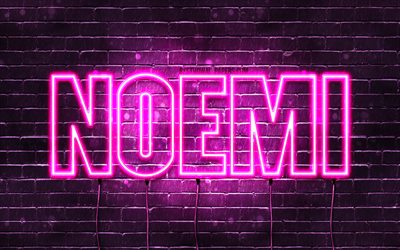Noemi, 4k, wallpapers with names, female names, Noemi name, purple neon lights, horizontal text, picture with Noemi name