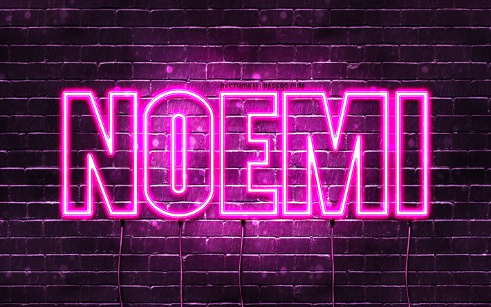 Noemi, 4k, wallpapers with names, female names, Noemi name, purple neon lights, horizontal text, picture with Noemi name