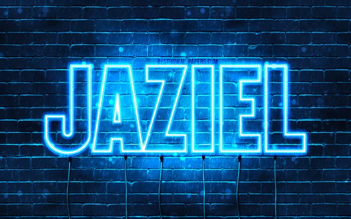 Jaziel, 4k, tapeter med namn, &#246;vergripande text, Jaziel namn, bl&#229;tt neonljus, bild med Jaziel namn