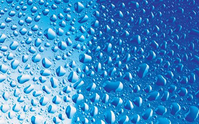 4k, 水滴がガラス, 水滴, カラフルな背景, 青色の背景, 水背景, 落質感, 背景滴, 水, 下にブルーの背景, 水滴の質感, 滴質感