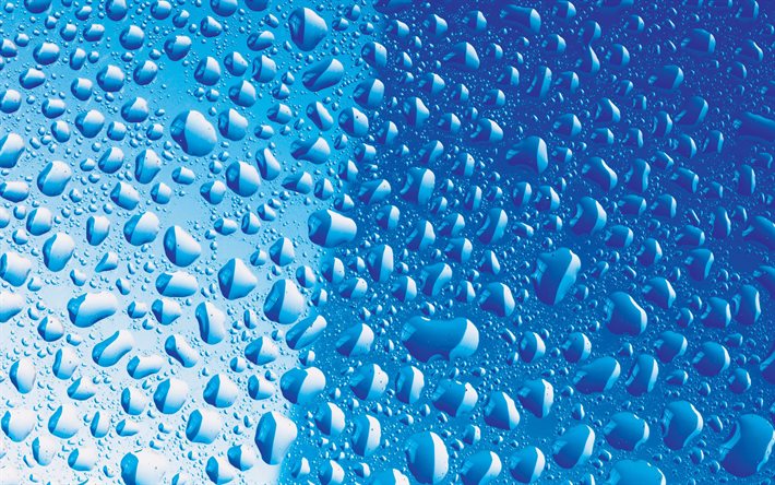 4k, las gotas en el cristal, gotas de agua, fondos de colores, azul, fondos, fondos de agua, gotas de textura, fondo con las gotas de agua, gotas sobre fondo azul, las gotas de agua de la textura, las gotitas de texturas