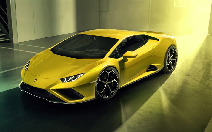 Lamborghini Huracan Evo RWD, 2020, vista frontal, exterior, amarelo supercarro, nova amarelo Huracan, ajuste Huracan, italiana de carros esportivos, Lamborghini
