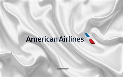 American Airlines logo, airline, white silk texture, airline logos, American Airlines emblem, silk background, silk flag, American Airlines