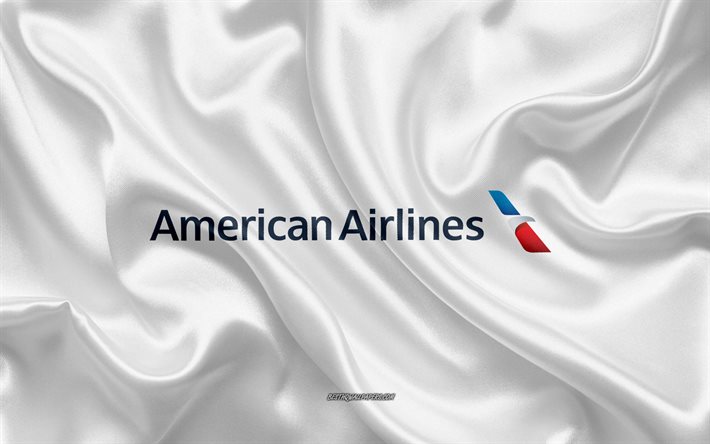 American Airlines logo, u&#231;ak, beyaz ipek doku, havayolu logoları, American Airlines amblemi, ipek arka plan, ipek bayrak, American Airlines