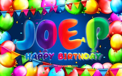お誕生日おめでJoep, 4k, カラフルバルーンフレーム, Joep名, 青色の背景, Joepお誕生日おめで, Joep誕生日, 人気のオランダの男性の名前, 誕生日プ, Joep
