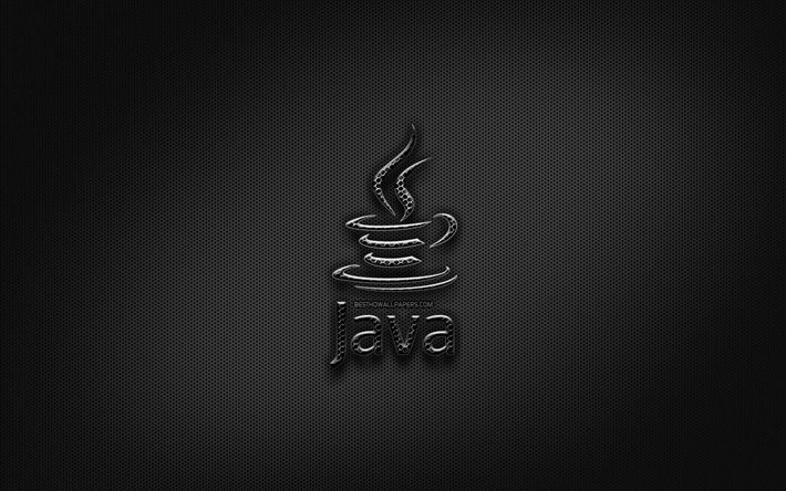 Java black logo, programming language, grid metal background, Java, artwork, creative, programming language signs, Java logo