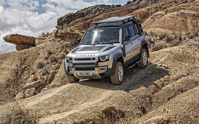 Land Rover Defender, 2020, front view, exterior, gray suv, new gray Defender, british cars, Land Rover
