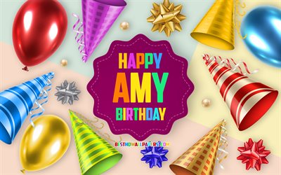 Happy Birthday Amy, 4k, Birthday Balloon Background, Amy, creative art, Happy Amy birthday, silk bows, Amy Birthday, Birthday Party Background