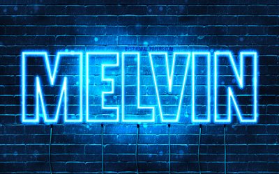 Melvin, 4k, pap&#233;is de parede com os nomes de, texto horizontal, Melvin nome, luzes de neon azuis, imagem com Melvin nome
