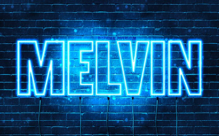 Melvin, 4k, fondos de pantalla con los nombres, el texto horizontal, Melvin nombre, luces azules de ne&#243;n, de la imagen con el nombre Melvin