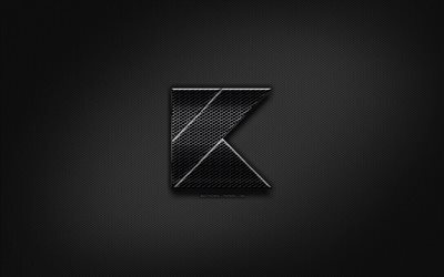 Kotlin black logo, programming language, grid metal background, Kotlin, artwork, creative, programming language signs, Kotlin logo