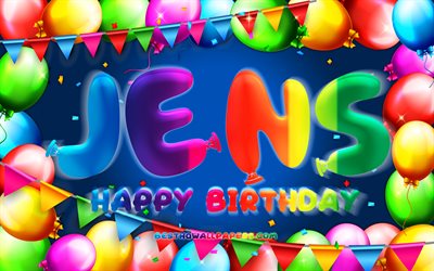 お誕生日おめでJens, 4k, カラフルバルーンフレーム, Jens名, 青色の背景, Jensお誕生日おめで, Jens誕生日, 人気のオランダの男性の名前, 誕生日プ, Jens