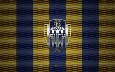 Ankaragucu logo, Turkish football club, metal emblem, yellow-blue metal mesh background, Super Lig, MKE Ankaragucu, Turkish Super League, Ankara, Turkey, football