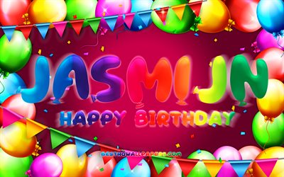 Happy Birthday Jasmijn, 4k, colorful balloon frame, Jasmijn name, purple background, Jasmijn Happy Birthday, Jasmijn Birthday, popular dutch female names, Birthday concept, Jasmijn