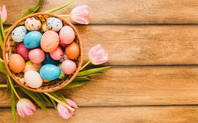Pasqua concetti, 4k, uova di pasqua, tulipani rosa, buona Pasqua, creativit&#224;, legno, sfondi, pasqua attributi, pasqua fotogrammi