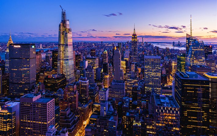 New York, Manhattan, evening, modern buildings, american cities, nightscapes, NYC, panorama, metropolis, skyscrapers, USA, Cities of New York, America