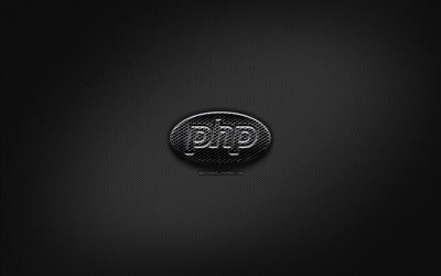 PHP black logo, programming language, grid metal background, PHP, artwork, creative, programming language signs, PHP logo