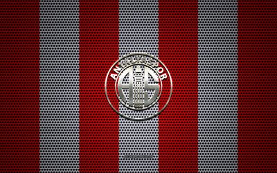 Antalyaspor logo, Turkish football club, metal emblem, red and white metal mesh background, Super Lig, Antalyaspor, Turkish Super League, Antalya, Turkey, football