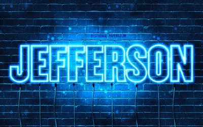 Jefferson, 4k, taustakuvia nimet, vaakasuuntainen teksti, Jefferson nimi, blue neon valot, kuva Jefferson nimi