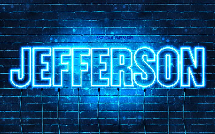 Jefferson, 4k, pap&#233;is de parede com os nomes de, texto horizontal, Jefferson nome, luzes de neon azuis, imagem com o nome de Jefferson