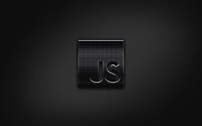 JavaScript black logo, programming language, grid metal background, JavaScript, artwork, creative, programming language signs, JavaScript logo