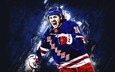 Artemi Panarin, New York Rangers, NHL, Russian hockey player, portrait, blue stone background, hockey