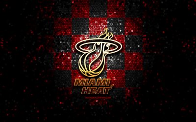 Miami Heat, el brillo del logotipo, de la NBA, rojo negro fondo de cuadros, estados UNIDOS, american equipo de baloncesto, los Miami Heat, mosaico de arte, baloncesto, estados unidos