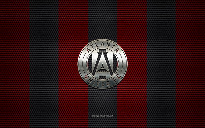 atlanta united fc logo, american soccer club, metall-emblem, red-black-metal-mesh-hintergrund, atlanta united fc, nhl, atlanta, georgia, usa, fu&#223;ball