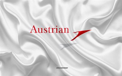 Austrian Airlines logo, airline, white silk texture, airline logos, Austrian Airlines emblem, silk background, silk flag, Austrian Airlines