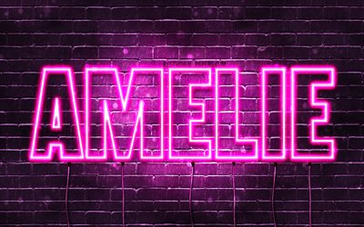 Amelie, 4k, tapeter med namn, kvinnliga namn, Amelie namn, lila neon lights, &#246;vergripande text, bild med Amelie namn
