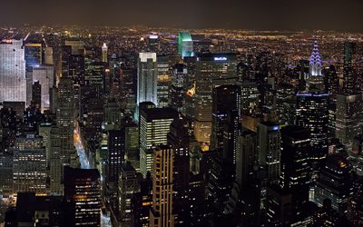New York, y&#246;, pilvenpiirt&#228;ji&#228;, metropoli, New York kaupunkikuvaan, New Yorkin horisonttiin, USA