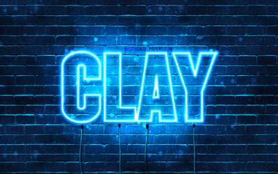Clay, 4k, wallpapers with names, horizontal text, Clay name, blue neon lights, picture with Clay name