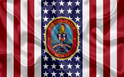 USS Gladiator Tunnus, MCM-11, Amerikan Lippu, YHDYSVALTAIN Laivaston, USA, USS Gladiator Rintanappi, YHDYSVALTAIN sotalaiva, Tunnus USS Gladiaattori