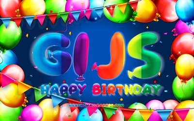お誕生日おめでGijs, 4k, カラフルバルーンフレーム, 彼の名前, 青色の背景, Gijsお誕生日おめで, Gijs誕生日, 人気のオランダの男性の名前, 誕生日プ, も