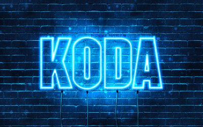 Koda, 4k, fondos de pantalla con los nombres, el texto horizontal, Koda nombre, luces azules de ne&#243;n, imagen con Koda nombre