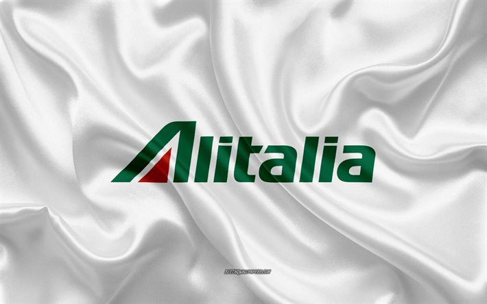 A Alitalia logotipo, companhia a&#233;rea, de seda branca de textura, companhia a&#233;rea logotipos, A Alitalia emblema, seda de fundo, seda bandeira, A Alitalia