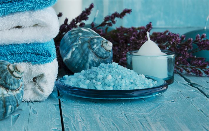 blue spa salt, wellness, spa salt, spa accessories, sea salt, blue shell.