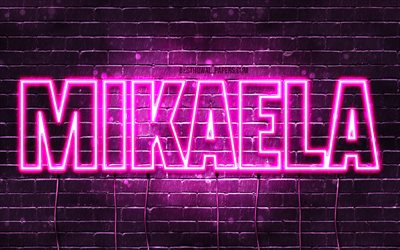 Mikaela, 4k, wallpapers with names, female names, Mikaela name, purple neon lights, horizontal text, picture with Mikaela name