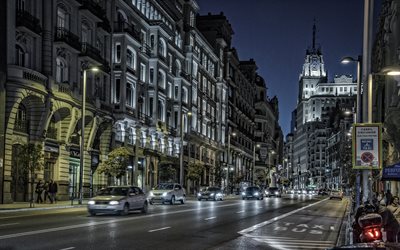 Madrid, 4k, street, nightscapes, spanish cities, Spain, Europe, Madrid at night