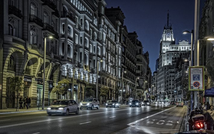 Madrid, 4k, street, nightscapes, espanjan kaupungeissa, Espanja, Euroopassa, Madrid y&#246;ll&#228;